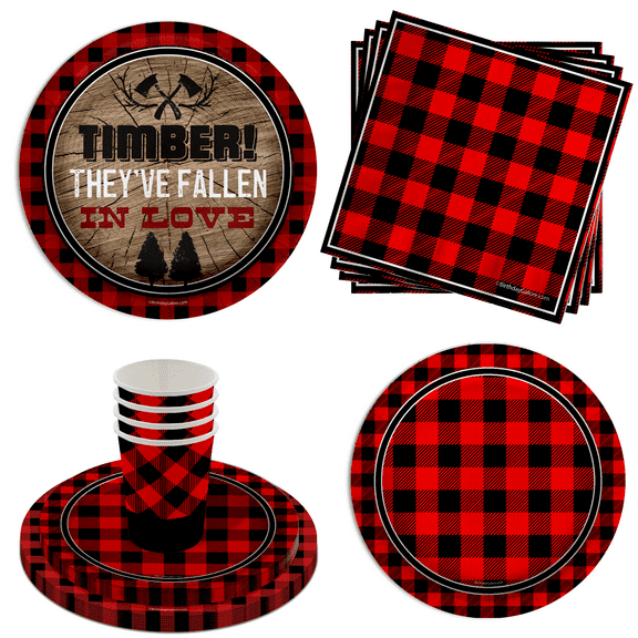 Timber They've Fallen in Love Plaid Rustic Wedding Party Supplies - Jack and Jill Party Supplies 64 Piece Tableware Set Includes Large 9" Paper Plates Dessert Plates, Cups and Napkins Kit for 16