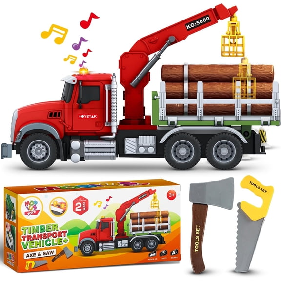 Timber Log Truck Toy for Kids, Friction Powered Construction Truck with Lights, Sounds, Working Crane, Claw and Logs, Ages 3+