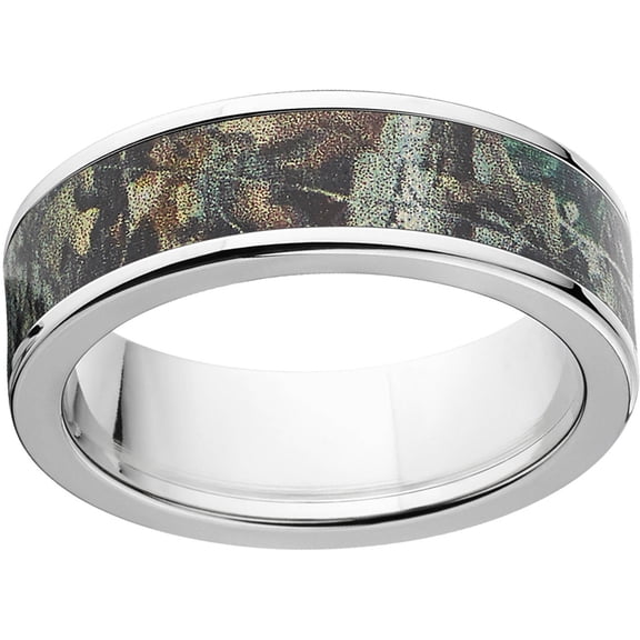 Timber Men's Camo 7mm Stainless Steel Wedding Band with Polished Edges and Deluxe Comfort Fit