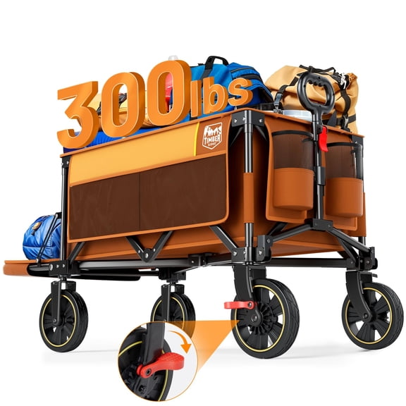 Timber Ridge 49" Extra Long Collapsible Folding Wagon with Tailgate and Brakes, 300lbs Heavy Duty Foldable Wagon with Adjustable Handle, 250L Capacity Portable Cart for Outdoor Camping Sports, Blue