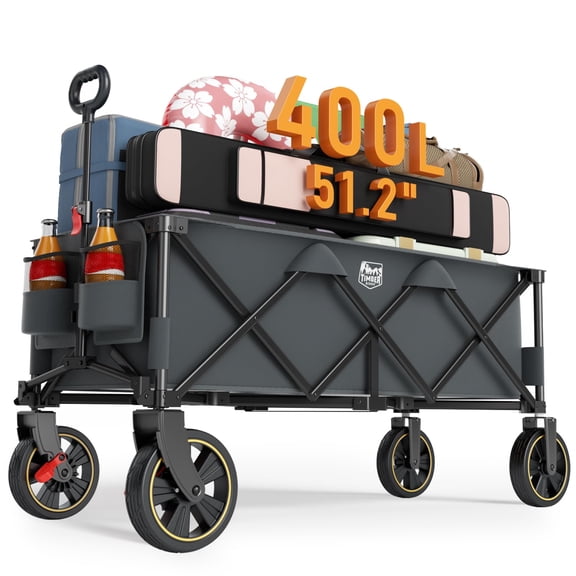 Timber Ridge 51.2" Extended Collapsible Wagon - Heavy-Duty Utility Cart with All-Terrain Wheels, Brakes & Cargo Net, 400L Capacity for Camping, Sports & Shopping, Gray