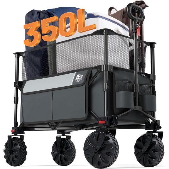 Timber Ridge Foldable Wagon 350L Extendable Height, Large Capasity Collapsible Wagon Cart with All Terrians Detachable Wheels, Compact Folding Utility Wagon for Camping, Fishing, Shopping Grey