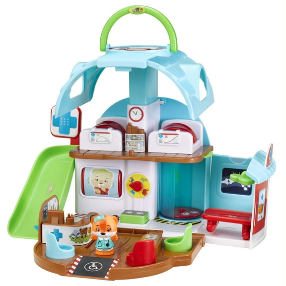 Timber Tots: Care Center - 9pc Medical toy Playset, Fox Animal Figurine, Open & Real X-Ray Room & Operating Table, Pop-Up Feature, Kids-Toddler 18Mo+