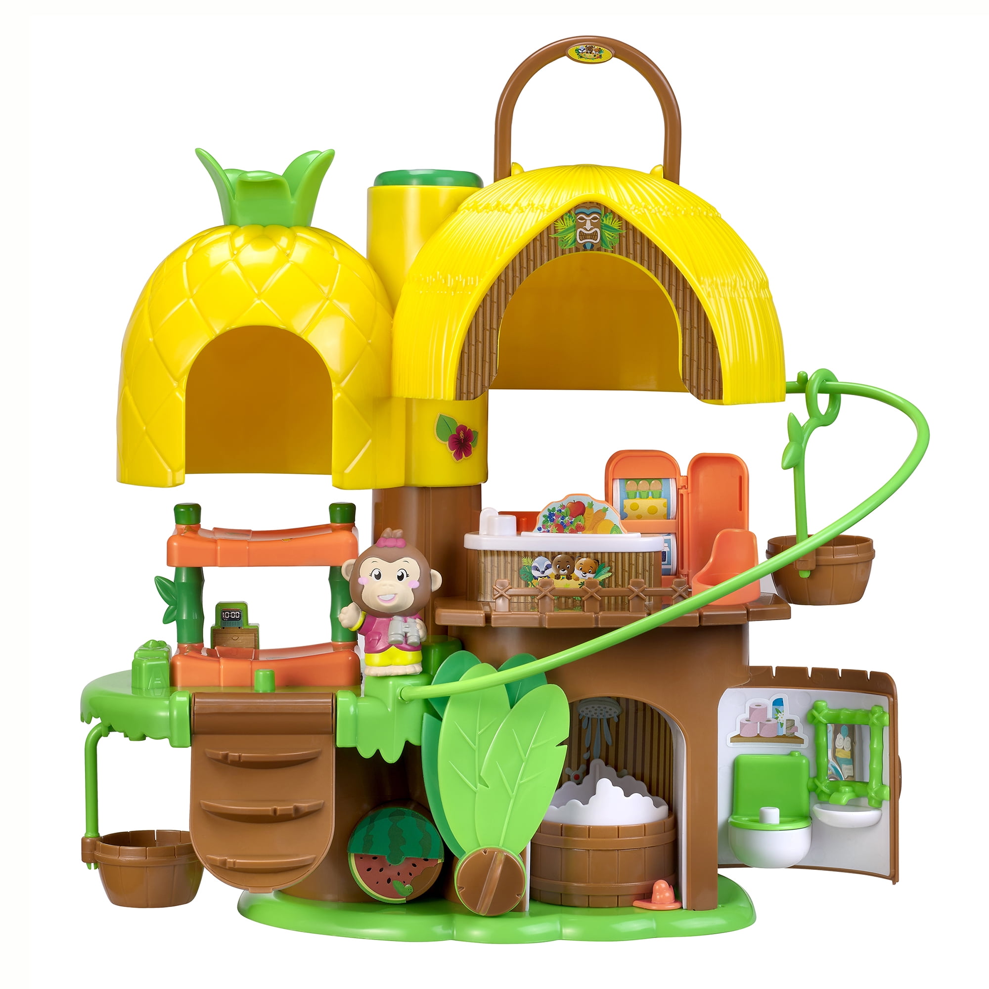 Timber Tots: Tropical House - Multi-Level Tree House Playset, Monkey Animal Figurine, Zipline, Pop-Up & Reveal, Nature Toy, Kids & Toddlers 18Mo+