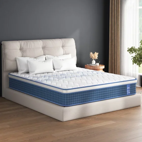 Timber Vibe Studio 12 inch Twin Mattress in a Box, Hybrid Mattress with Individual Pocket Spring for Back Pain Relief, CertiPUR-US Certified, Blue