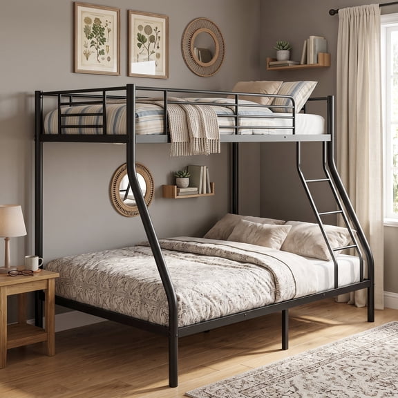 Timber Vibe Studio Bunk Bed Twin Over Full, Metal Bed Frame with Safety Ladder and Guardrail, Space-Saving for Dorm, Apartment or Shared Rooms, No Box Spring Needed