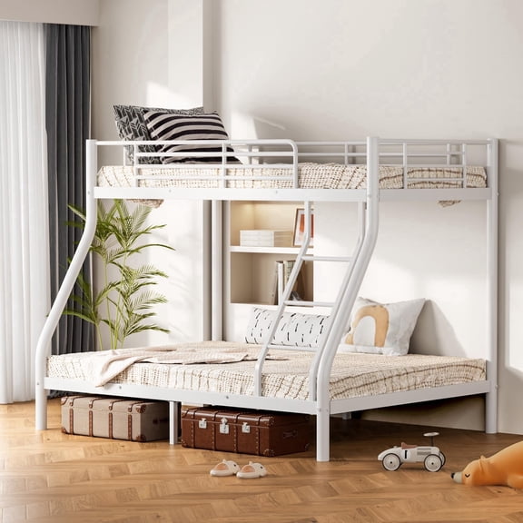 Timber Vibe Studio Bunk Bed Twin Over Full, Metal Bed Frame with Safety Ladder and Guardrail, Space-Saving for Dorm, Apartment or Shared Rooms, No Box Spring Needed, White
