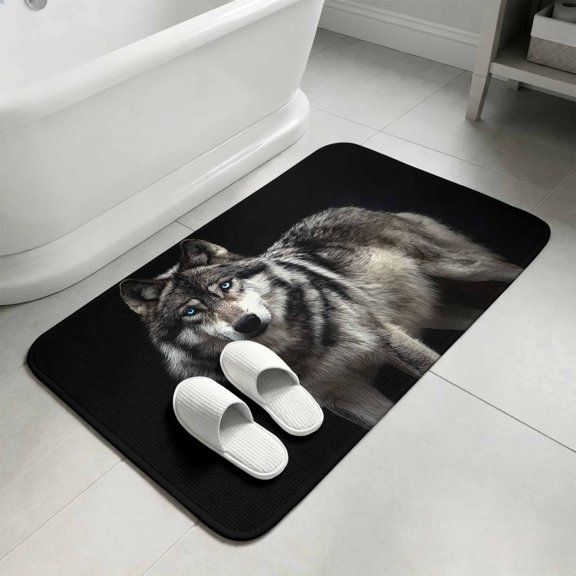 Timber Wolf Bathroom Rugs Non Slip Washable Bath Mat Absorbent Low Pile Front Door Mat Wilderness Animal Black Backdrop Indoor Doormat for Kitchen Entryway Shower Decor Accessories 15.7"x23.6"