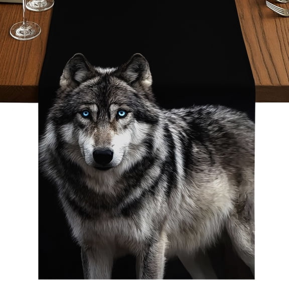 Timber Wolf Burlap Cotton Table Runner 13x36 Inches Short, Wilderness Animal Black Backdrop Farmhouse Table Runners, Outdoor Dining Tablecloths Decor for Baby Shower/Party/Wedding