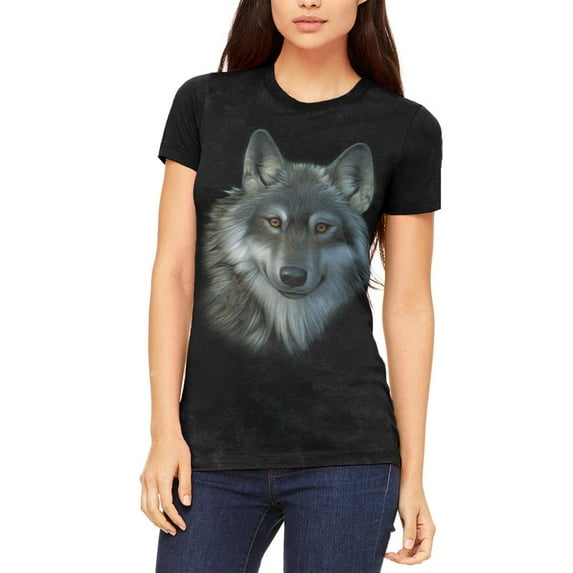 Timber Wolf Face Juniors Soft T Shirt Charcoal Black Triblend X-LG