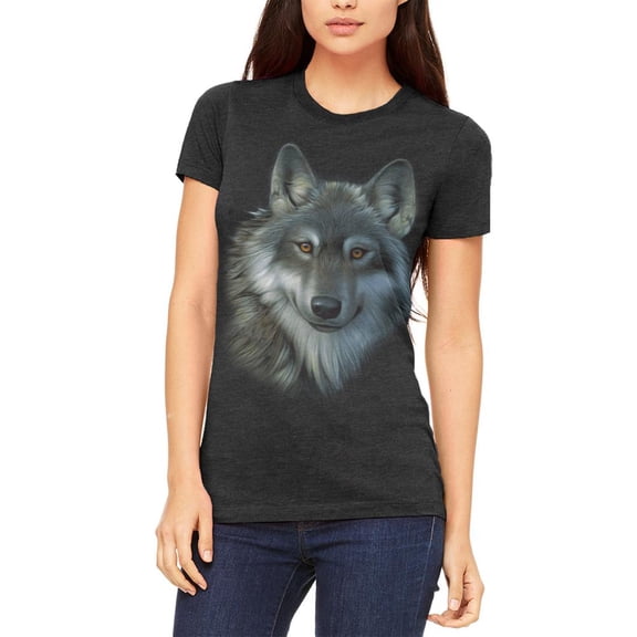 Timber Wolf Face Juniors Soft T Shirt Heather Black MD