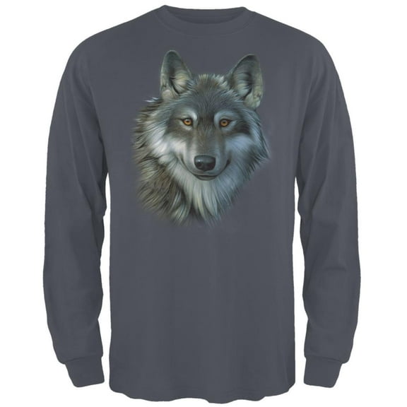 Timber Wolf Face Mens Long Sleeve T Shirt Charcoal SM