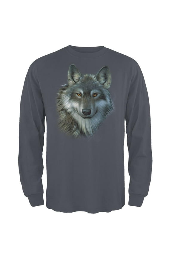 Timber Wolf Face Mens Long Sleeve T Shirt Charcoal SM