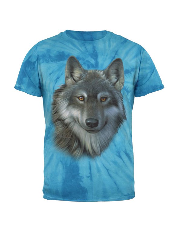 Timber Wolf Face Mens T Shirt Pinwheel Blue Tie Dye MD