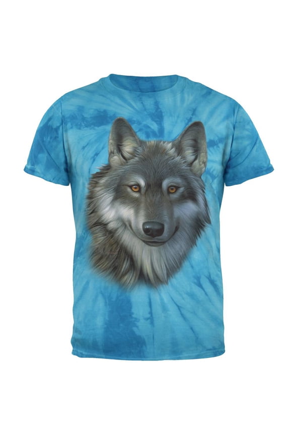 Timber Wolf Face Mens T Shirt Pinwheel Blue Tie Dye X-LG