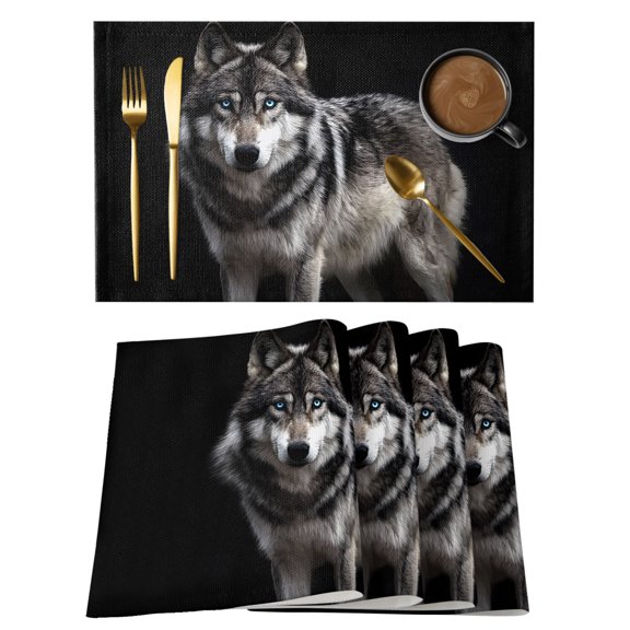 Timber Wolf Placemats Set of 2 Wilderness Animal Black Backdrop Place Mats Indoor Wipeable Table Mats Washable Cloth Dining Table Placemats for Kitchen Holiday Party Home Decor 13x19 Inch