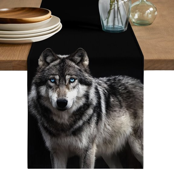 Timber Wolf Table Runner 70 Inches Long, Wilderness Animal Black Backdrop Cotton Linen Table Runners Dresser Scarves, Decorative Fabric Tabletop Scarf Furniture Cover for Home Dinner Party 13"x70"