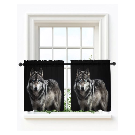 Timber Wolf Tier Curtains 36 Inch Length, Sheer Curtains for Bedroom Living Room Window Wilderness Animal Black Backdrop Rod Pocket Voile Drapes Kitchen Curtains Small Half Window 27.5"x36" 2 Panels