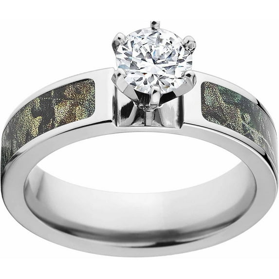 Timber Women's Camo 1 Carat T.G.W. Round CZ in 14kt Whit Gold Prong Setting Cobalt Engagement Ring with Polished Edges and Deluxe Comfort Fit