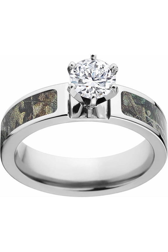 Timber Women's Camo 1 Carat T.G.W. Round CZ in 14kt Whit Gold Prong Setting Cobalt Engagement Ring with Polished Edges and Deluxe Comfort Fit