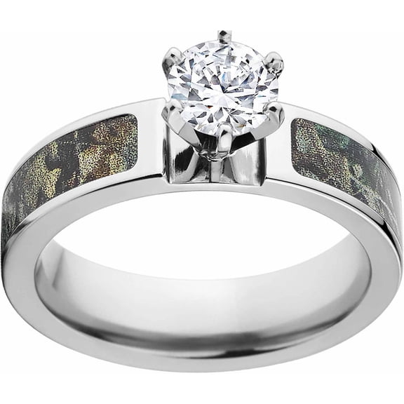 Timber Women's Camo 1 Carat T.G.W. Round CZ in 14kt Whit Gold Prong Setting Cobalt Engagement Ring with Polished Edges and Deluxe Comfort Fit