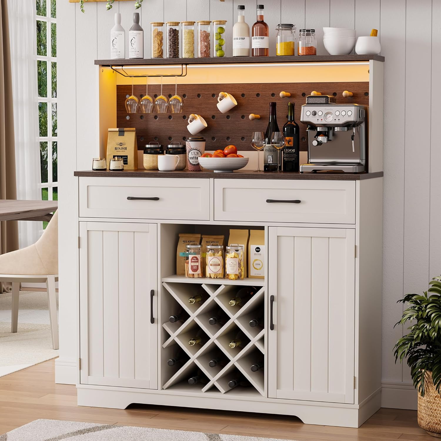 47" Farmhouse Buffet Sideboard Cabinet With Power Outlets - Coffee Bar With Wine Racks, Glass Holder & Storage For Kitchen