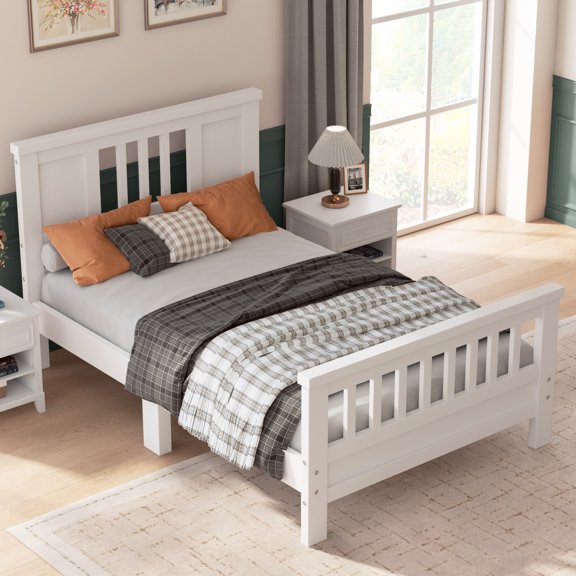 TimberVibe Studio Twin White Solid Wood Bed Frame with Slats Support, Headboard & Footboard, No Box Spring Needed, Easy Assembly
