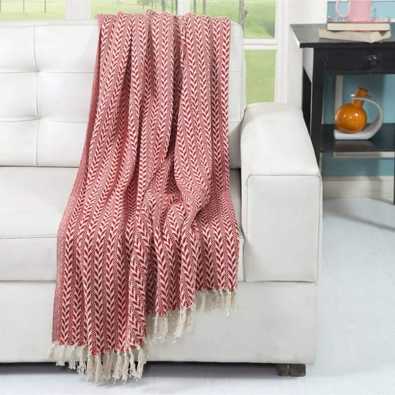 Timberbrook THRH020 Hogan Cotton Throw Blanket, Red & Ivory