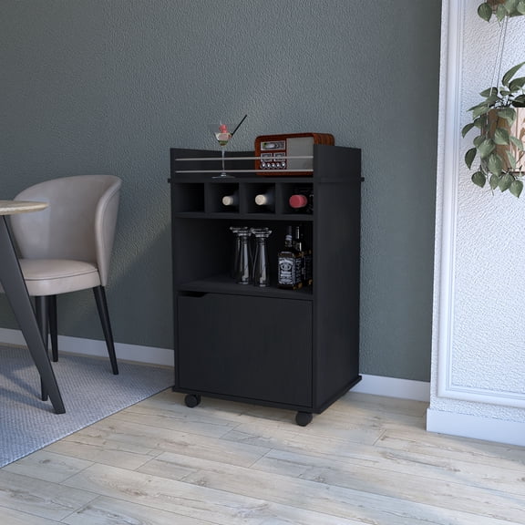 Crozier Bar Cart with Wheels, Black Kitchen Serving Cart with 4-Bottle Wine Rack and Storage Cabinet