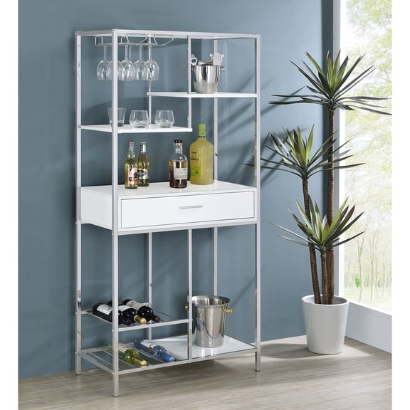 Draper Modern Wine Cabinet with LED Lights, High Gloss White Freestanding Bar Cabinet with Wine Rack, Stemware Holder, and Storage Drawer