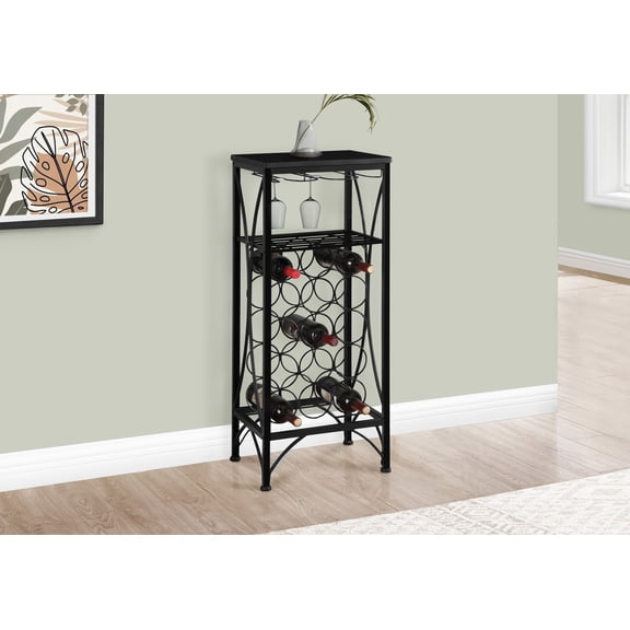 Freestanding Wine Rack and Home Bar, Holds 15 Bottles and 6 Glasses, Metal Floor Wine Storage with Tabletop, Black
