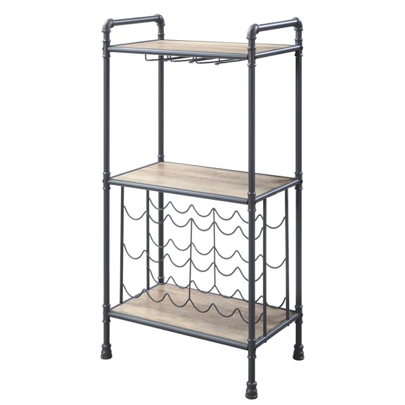 Timberflare Industrial Wine Rack with Stemware Holder, Freestanding Floor Bar Cabinet for 18 Bottles, Antique Oak and Sandy Grey