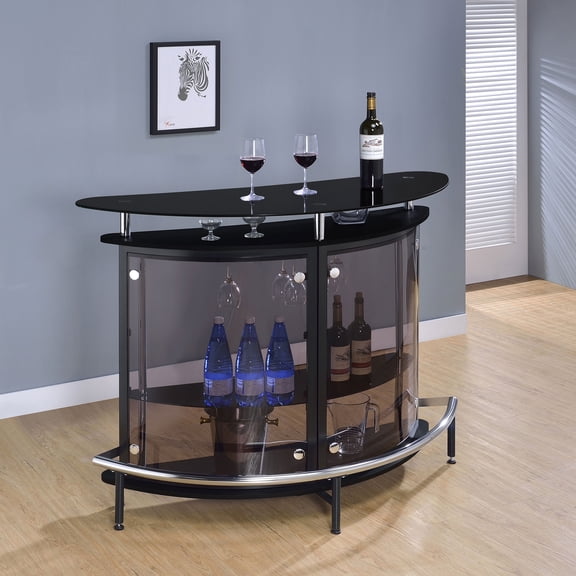 Timberflare Modern Home Bar with Glass Top, 51-Inch Freestanding Wine and Liquor Cabinet with Shelving, Black