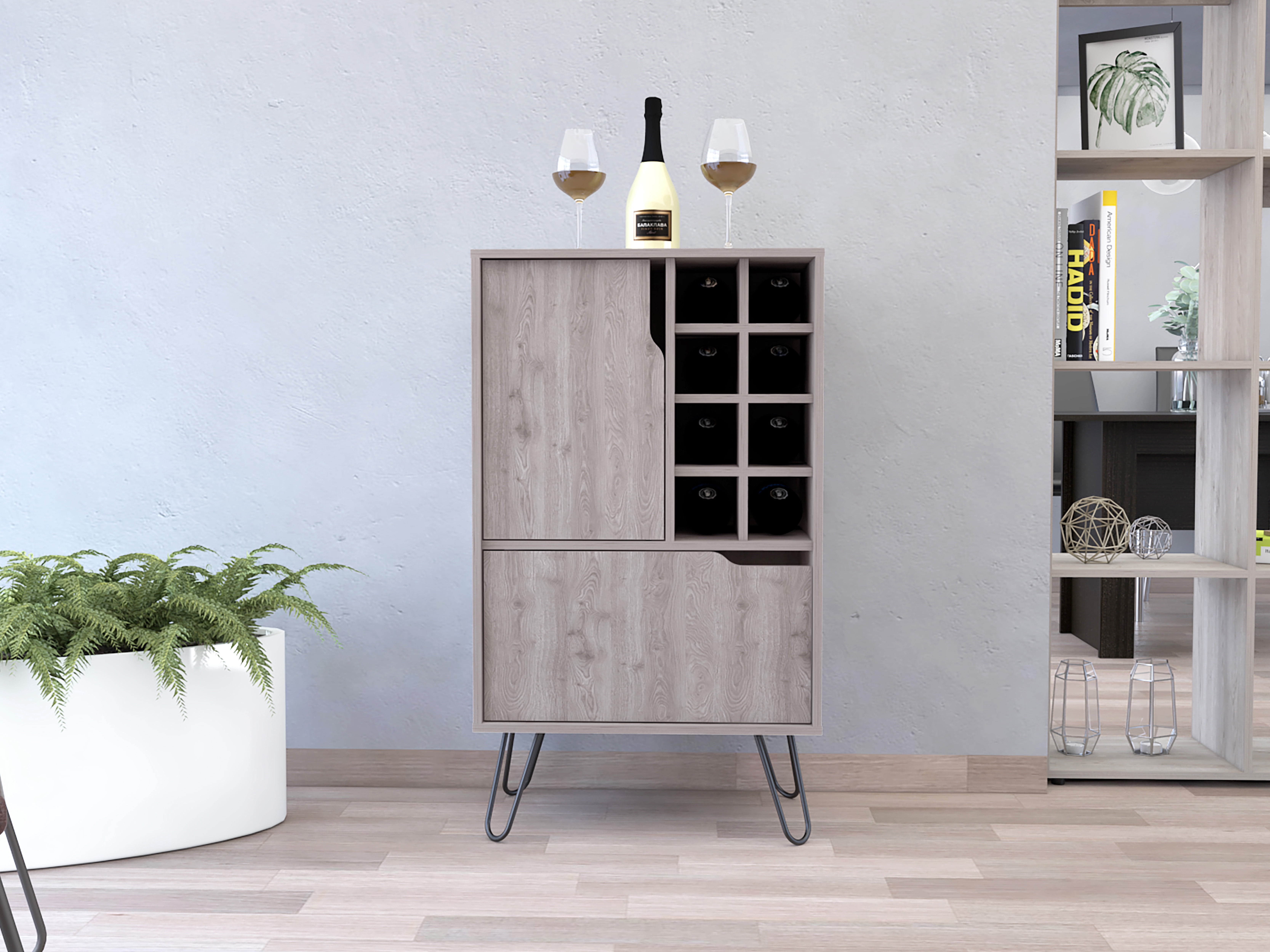 Bar Back Cubbies Timberflare Sheffield Bar Cabinet with Hairpin Legs, Light Grey Liquor ...