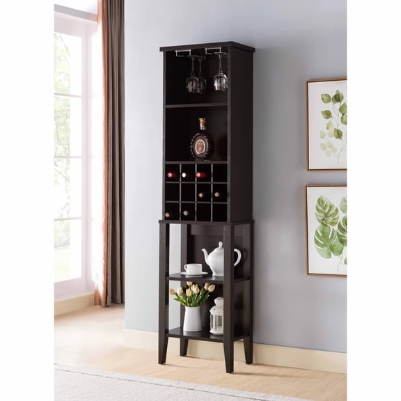 Tall Wine Rack Cabinet, Freestanding Bar Storage for 12 Bottles and 6 Glasses, 71-Inch Tower with 4 Shelves for Kitchen or Dining Room, Espresso