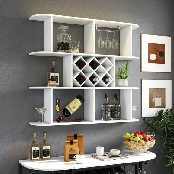 Wall Mounted Wine Rack, 3-Tier Floating Bar Shelf with Stemware Holder, 47-Inch Rustic Bottle Storage for Home Bar, Kitchen, Dining Room, White