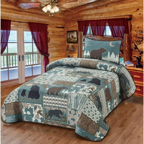 Timberland Bear Patchwork Quilt Quilted Bedding Set, Multi Color - Twin Size Quilt & 1 Standard Sham