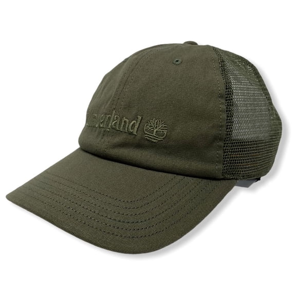 Timberland Men's Nature Embroidered Logo Mesh Trucker Hat Cap (Olive)