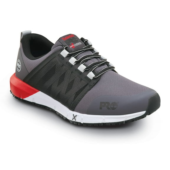 Timberland PRO  Radius, Men's, Asphalt/True Red, Soft Toe, EH, MaxTRAX Slip Resistant, Athletic, Work Shoe (11.5 M)