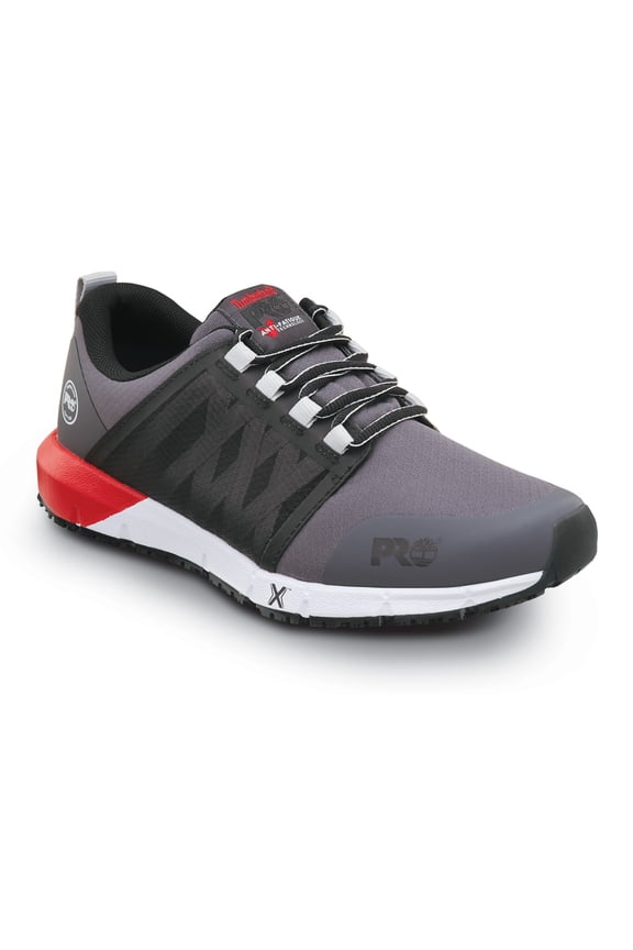 Radius, Men's, Asphalt/True Red, Soft Toe, EH, MaxTRAX Slip Resistant, Athletic, Work Shoe (9.0 W)