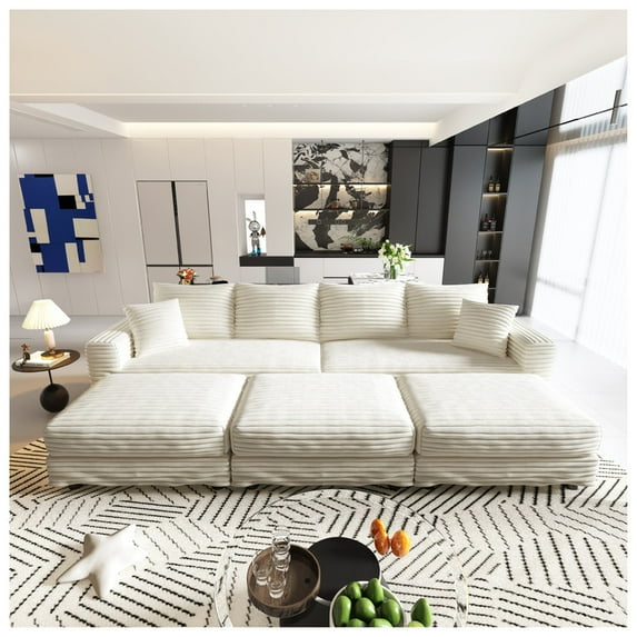 Timbernest 102.4" Oversized Sectional Sofa Modern Modular Cloud Couch with Deep Seating 4-Seater Corduroy Sofa for Living Room (Beige, 4 Seater with 3 Ottoman)