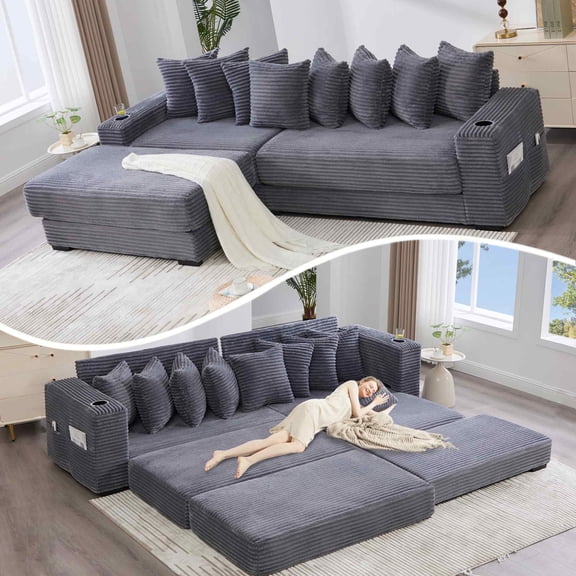 Timbernest 110.75" L Shaped Convertible Sleeper Sofa Bed, Corduroy Modular Sectional Couch with Movable Footstool, Cup Holders, Side Pockets, 8 Throw Pillows, Dark Gray