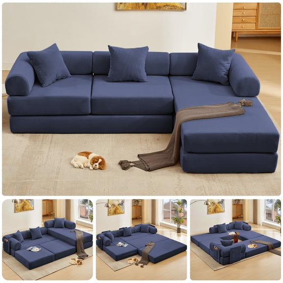 Timbernest 107" L-Shape Cloud Couch, Corduroy Modular Sectional Sofa for Living Room, Convertible Sleeper Sofa Bed with Side Pocket, Blue