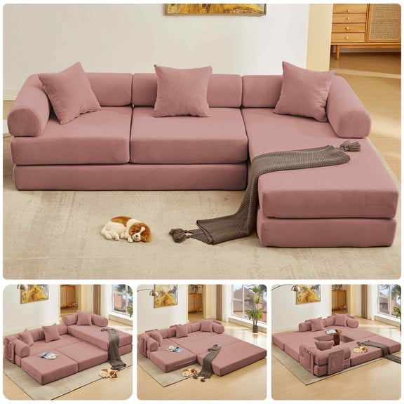 Timbernest 107" L-Shape Cloud Couch, Corduroy Modular Sectional Sofa for Living Room, Convertible Sleeper Sofa Bed with Side Pocket, Pink