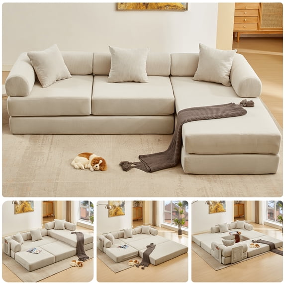 Timbernest 107" Oversized L-Shaped Cloud Couch, 7 in 1 Corduroy Modular Sectional Sofa for Living Room, Convertible Sleeper Sofa Bed with Side Pockets, No Assembly, Beige