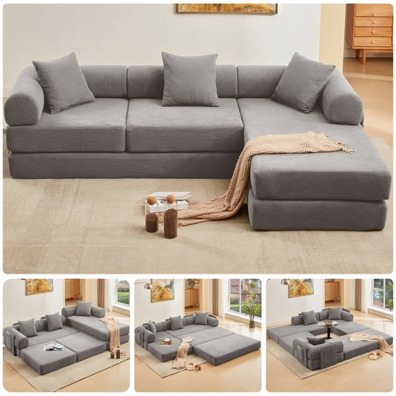 Timbernest 107" Oversized L-Shaped Cloud Couch, 7 in 1 Corduroy Modular Sectional Sofa for Living Room, Convertible Sleeper Sofa Bed with Side Pockets, No Assembly, Gray