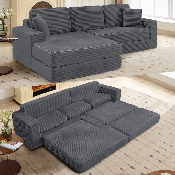 Timbernest 112" Sectional Couches for Living Room, L Shaped Modular Sectional Sleeper Sofa, 3 in 1 Convertible Sofa Bed with Deep Seat, Gray