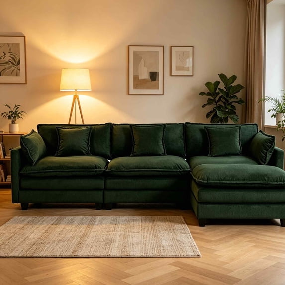 Timbernest 114" Modular Cloud Couch, L Shaped Sectional Sofa with Ottoman, Modern Chenille Sleeper Sofa, 3 Seater, Green