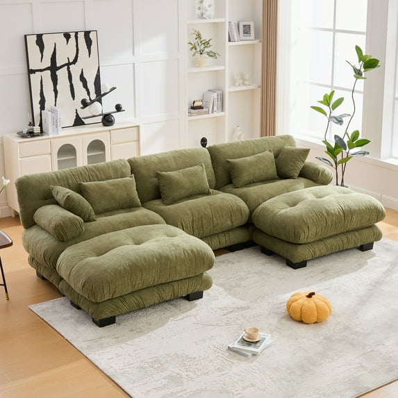 Timbernest 118" Oversized U Shaped Cloud Couch, Velvet Sectionals for Living Room, 3 Seater Comfy Sofa with 2 Ottomans and 5 Pillows, Olive Green