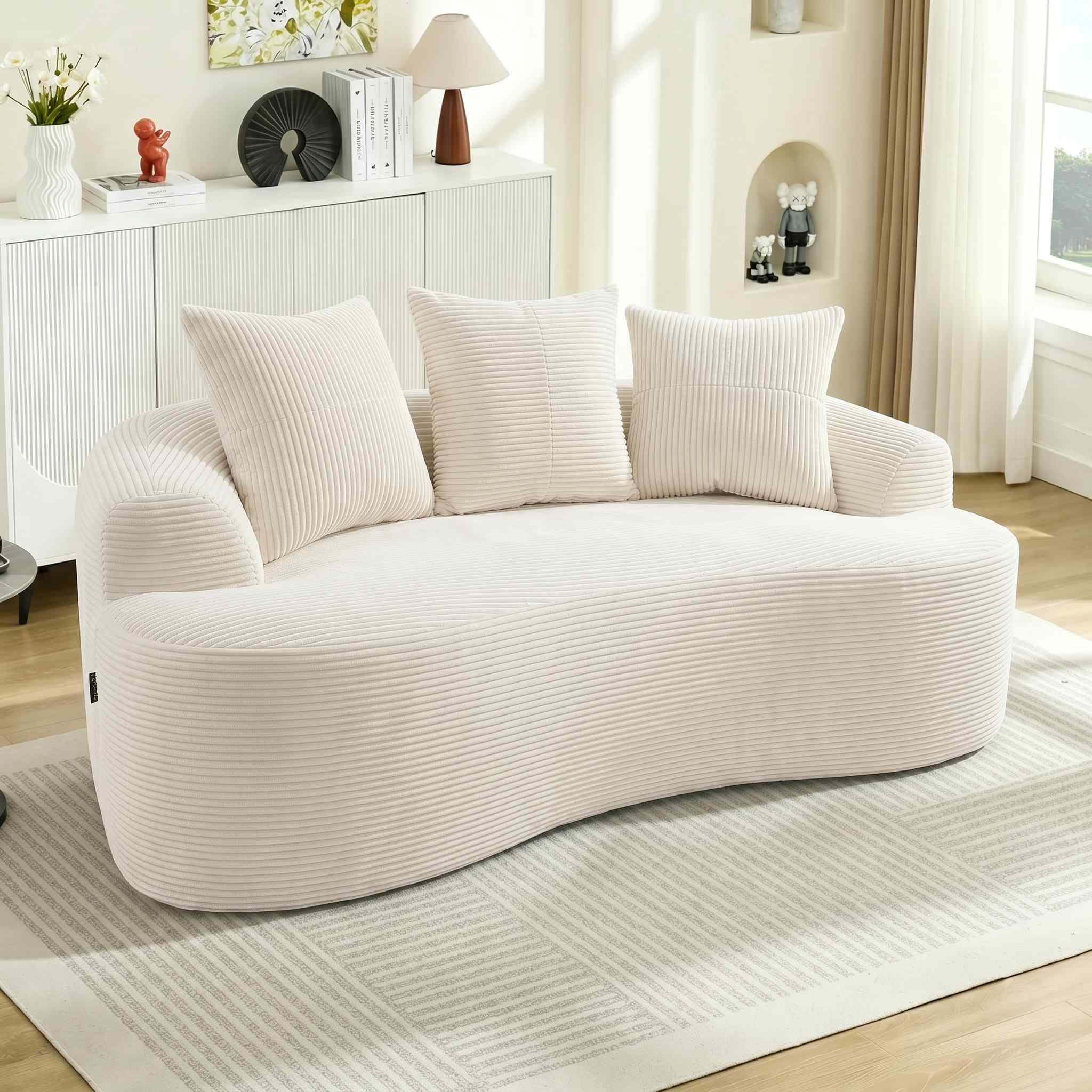 Timbernest 65" Curved Loveseat, Corduroy Boneless Cloud Couch, Small Space Sofa for Living Room, Apartment, Beige